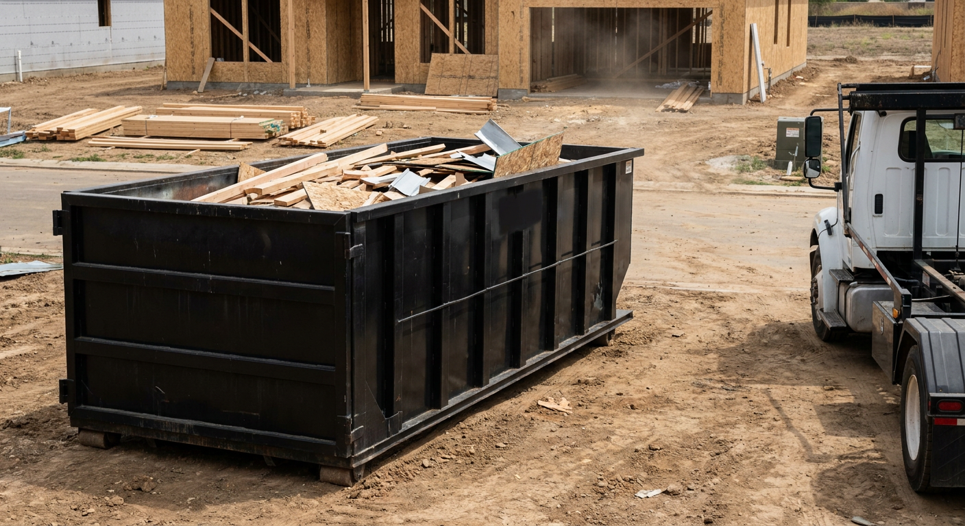 Matte-black 20-yard roll-off construction dumpster with heavy ribbed steel sidewalls and swing rear doors at a working jobsite in Rowlett, sitting directly on compacted dirt with an unmarked white hauler partially visible at the far edge of the frame.