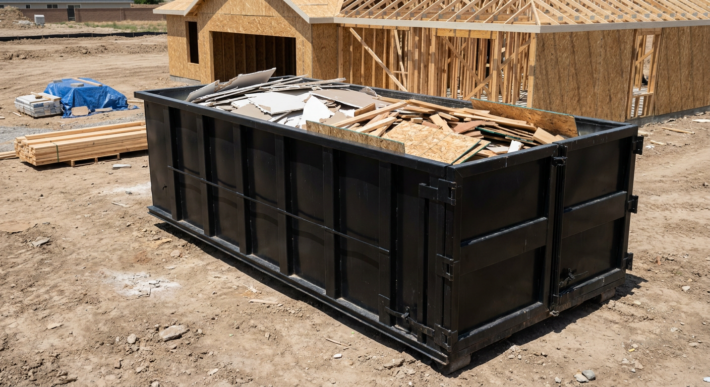Matte-black 30-yard roll-off construction dumpster sitting directly on the compacted-dirt site of a framed single-family home build in Rowlett, drywall and lumber scrap loaded inside.