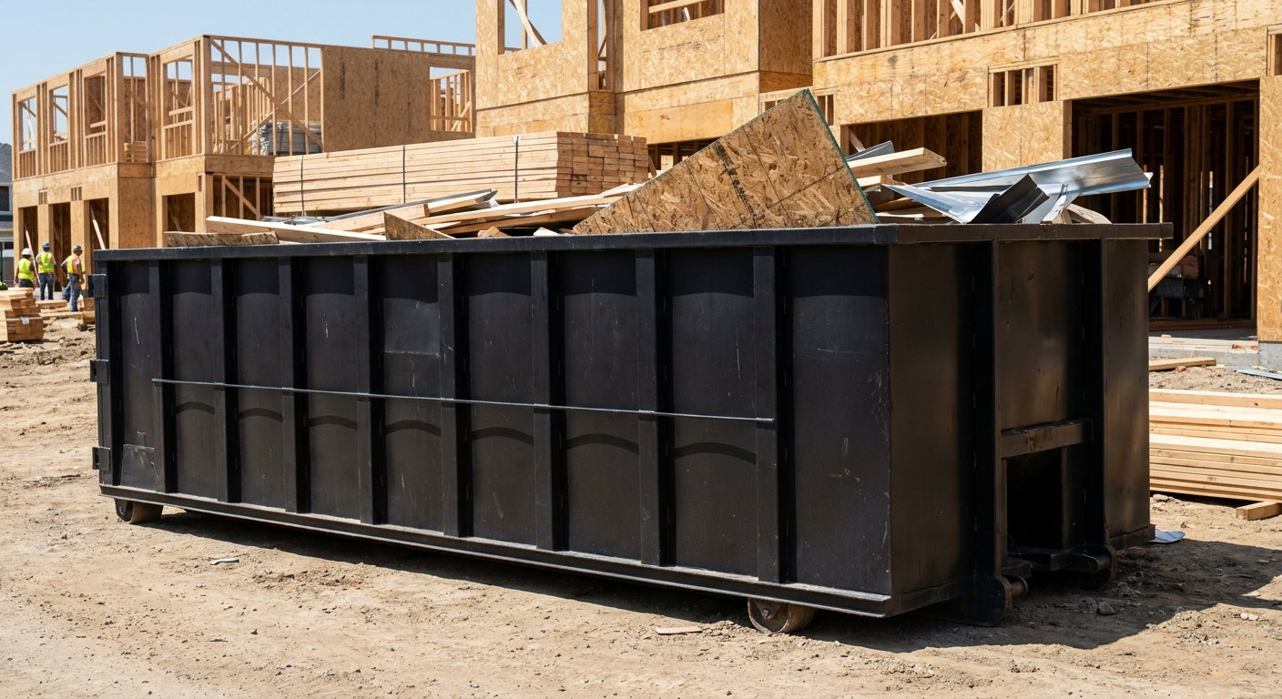 Matte-black 40-yard roll-off construction dumpster being lowered from a white-cab hooklift delivery truck onto the compacted-dirt jobsite at a commercial build site in Rowlett