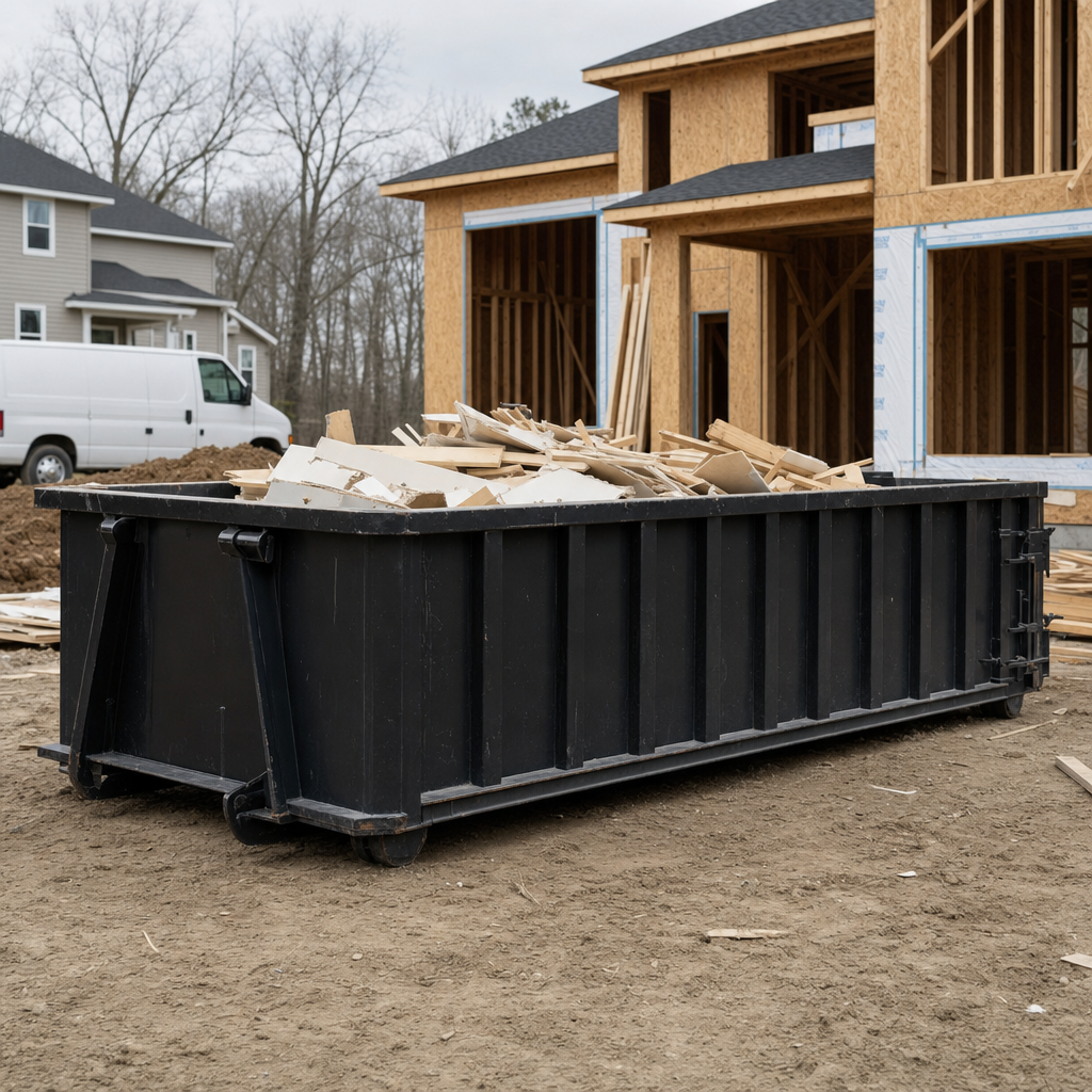 Worker in a yellow high-visibility vest tossing framing lumber and broken drywall into a matte-black 30-yard construction roll-off dumpster on an active build site in Rowlett, bright daylight