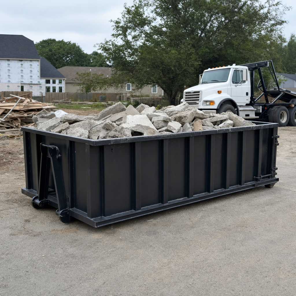 Low-profile matte-black lowboy roll-off dumpster loaded with broken concrete slab and rebar at a foundation tear-out in Rowlett, skid steer parked beside it, sunny Colorado morning