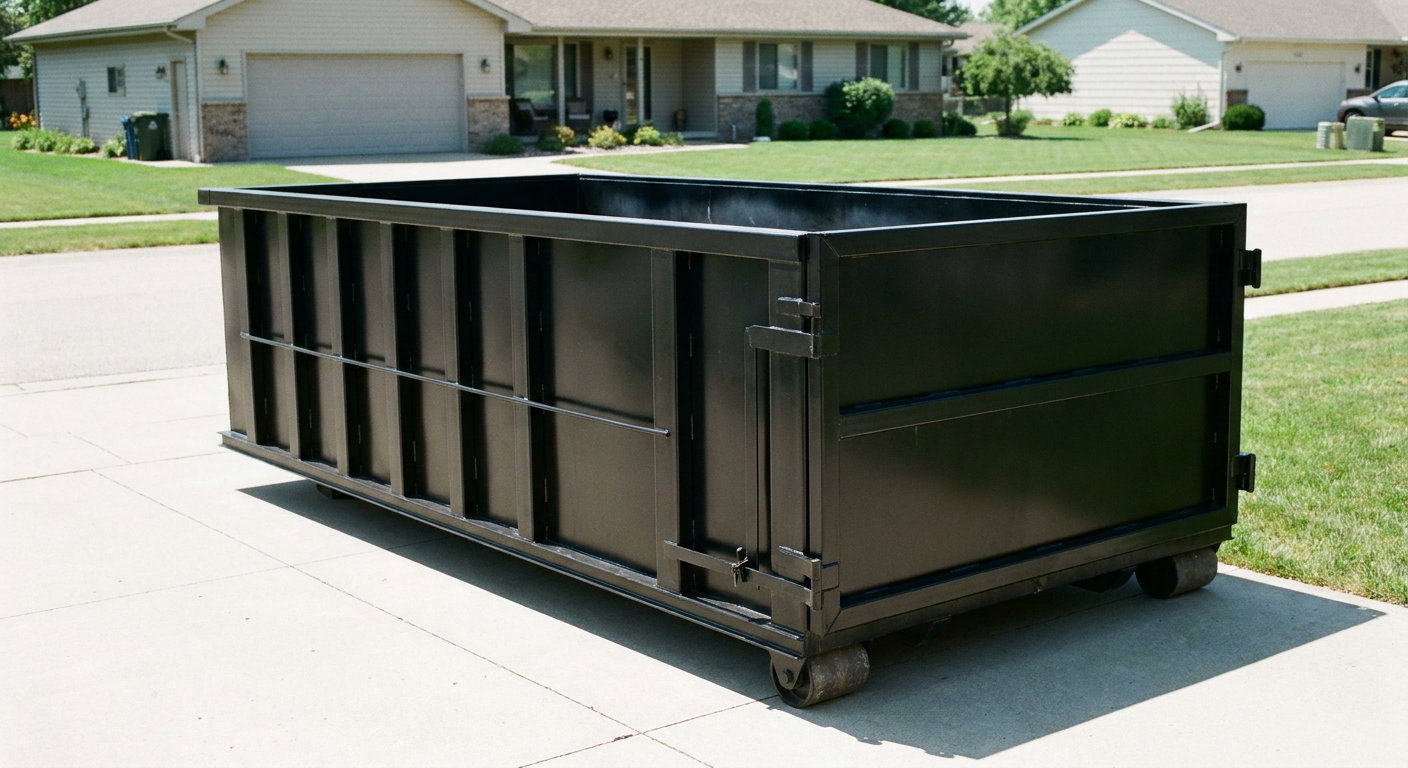 Matte-black 10-yard roll-off dumpster on a residential concrete driveway in Rowlett, uniformly painted matte black across every panel and rail, ribbed steel sidewalls and rear swing door visible, mid-day daylight.