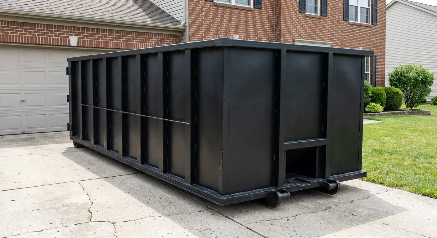 Matte-black 20-yard roll-off container on a Rowlett residential concrete driveway with reinforced ribbed steel sidewalls and a hinged rear walk-in door, clean bright daylight.