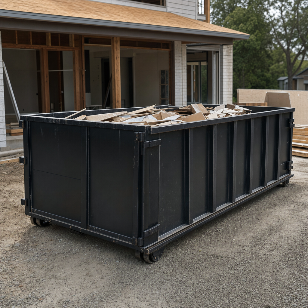 Large matte-black 30-yard construction roll-off dumpster at an active Rowlett jobsite, steel-gray top rails and bottom rollers visible, loaded with construction debris.