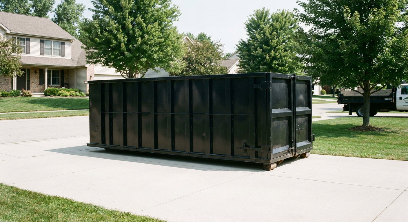 Matte-black 20-yard roll-off dumpster sitting level on a clean Rowlett residential concrete driveway under bright daylight, demonstrating clean placement directly on the concrete.