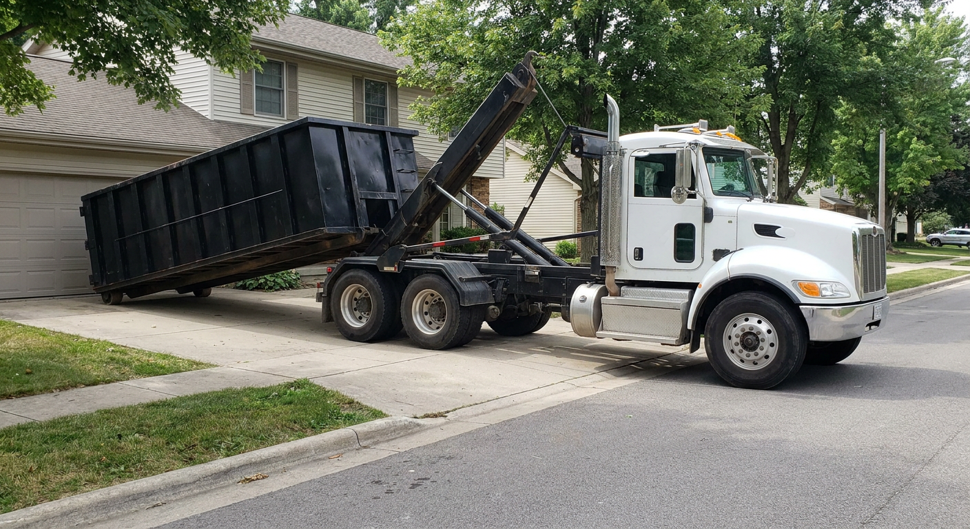 White-cab hooklift roll-off truck actively lowering a matte-black dumpster onto a Rowlett residential concrete driveway, the dumpster's rear wheels touching the driveway as the hoist arm tilts the bed forward, mid-morning daylight.