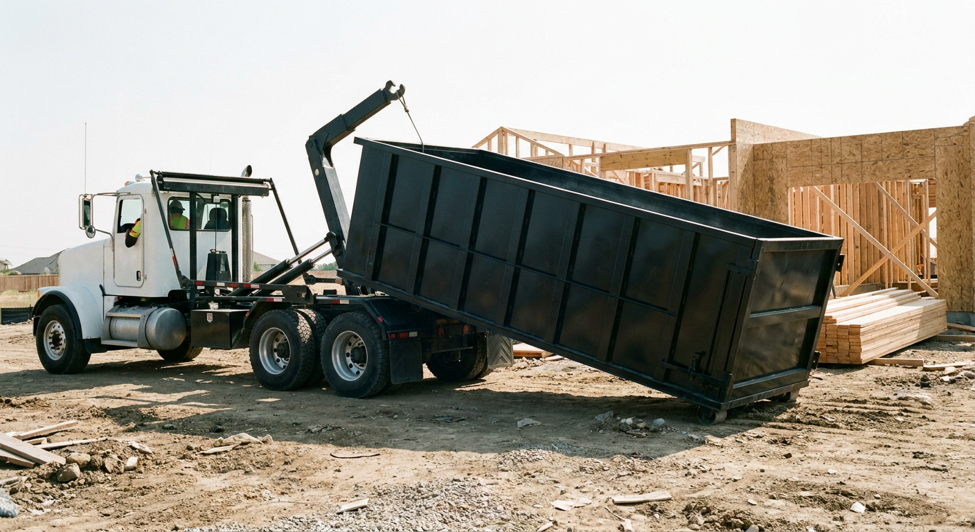 Matte-black roll-off dumpster being delivered onto a clean residential concrete driveway in Rowlett by an unmarked white hooklift hauler truck, bright morning daylight, documentary 35mm perspective.