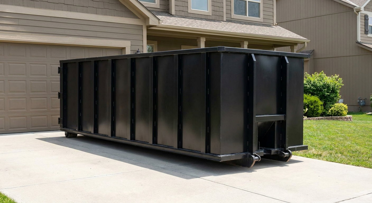 Matte-black residential roll-off dumpster sitting directly on a suburban Rowlett concrete driveway, garage door closed, single-family home in background, bright morning daylight.