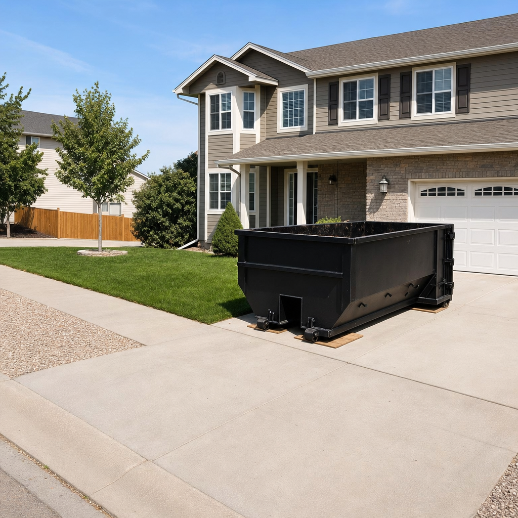 10-yard matte-black residential dumpster placed directly on a narrow Rowlett concrete driveway, room remains for a parked sedan beside it, mid-morning natural light