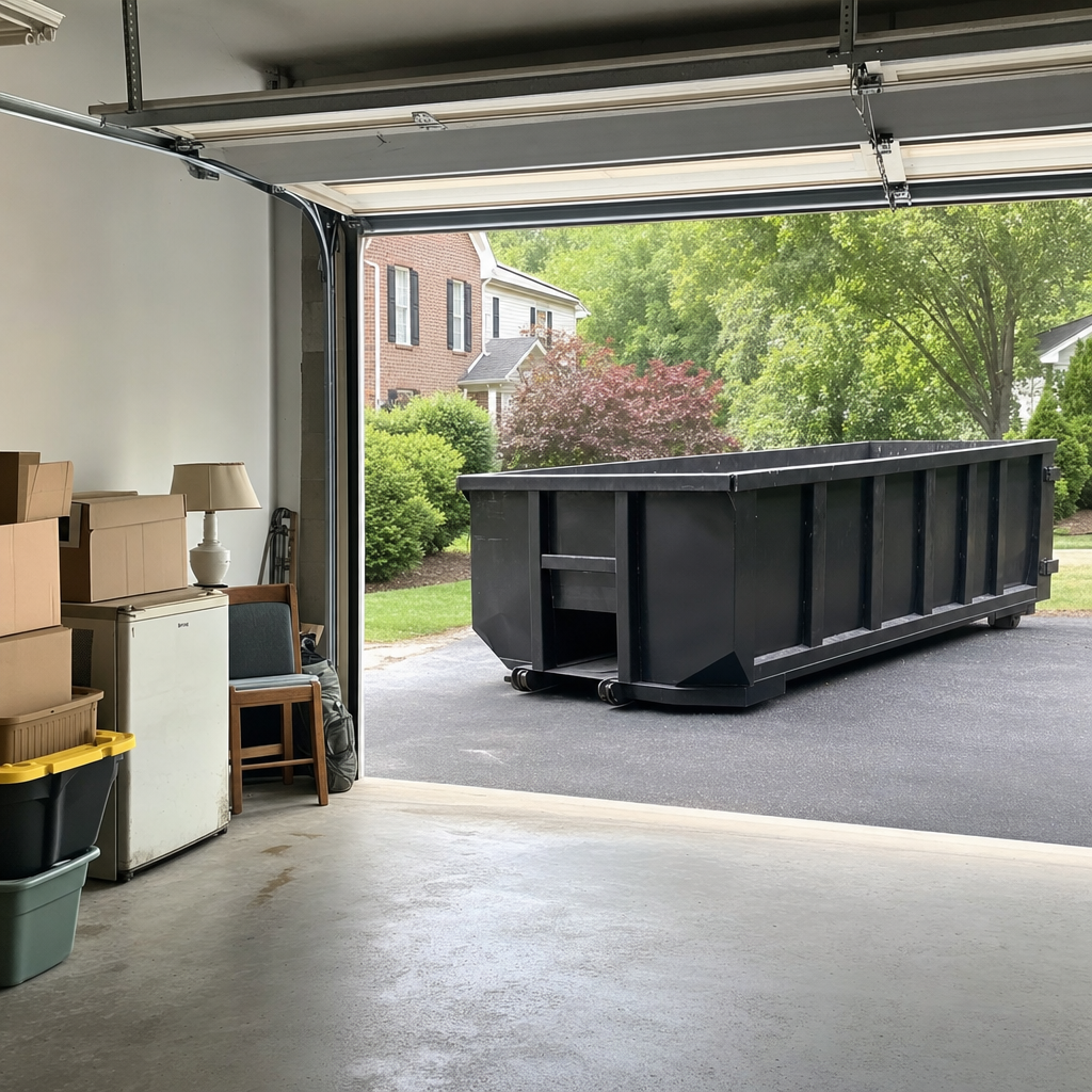 Open garage interior in a Rowlett home mid-cleanout — boxed items, an old appliance, and stacked yard tools queued near the driveway for a matte-black roll-off dumpster, organized and calm