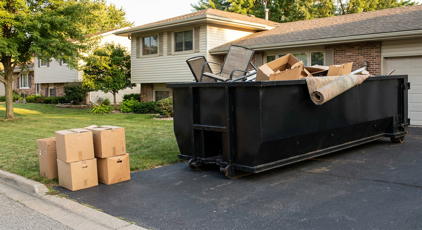 Front-yard view of a Rowlett split-level home with a 20-yard matte-black roll-off dumpster sitting directly on the asphalt driveway, a few clearly labeled donation boxes staged at the curb, calm sunny afternoon.