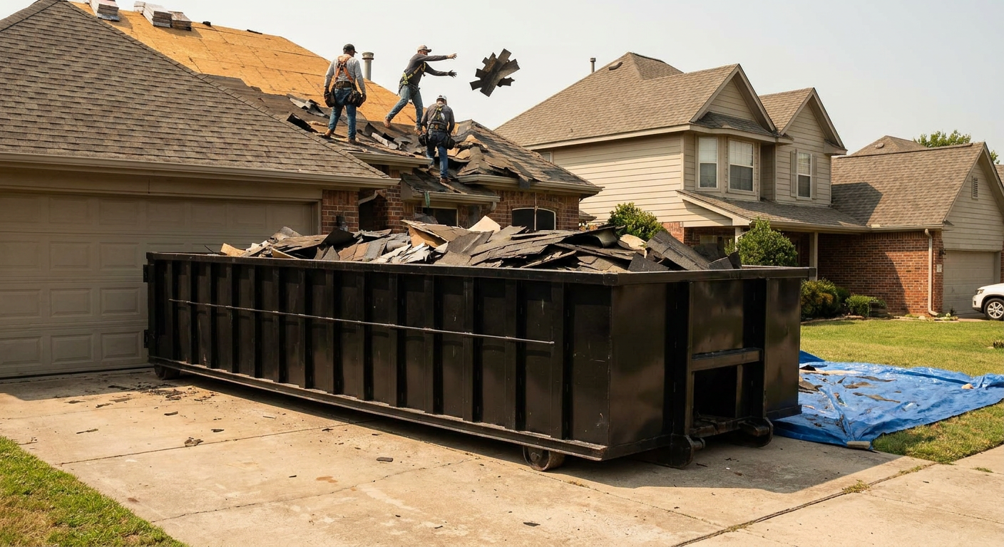 Matte-black roofing roll-off dumpster placed directly on a Rowlett residential concrete driveway, a tear-off crew on a two-story asphalt-shingle roof tossing shingle bundles into the low-walled container, bright daylight, documentary 35mm perspective.