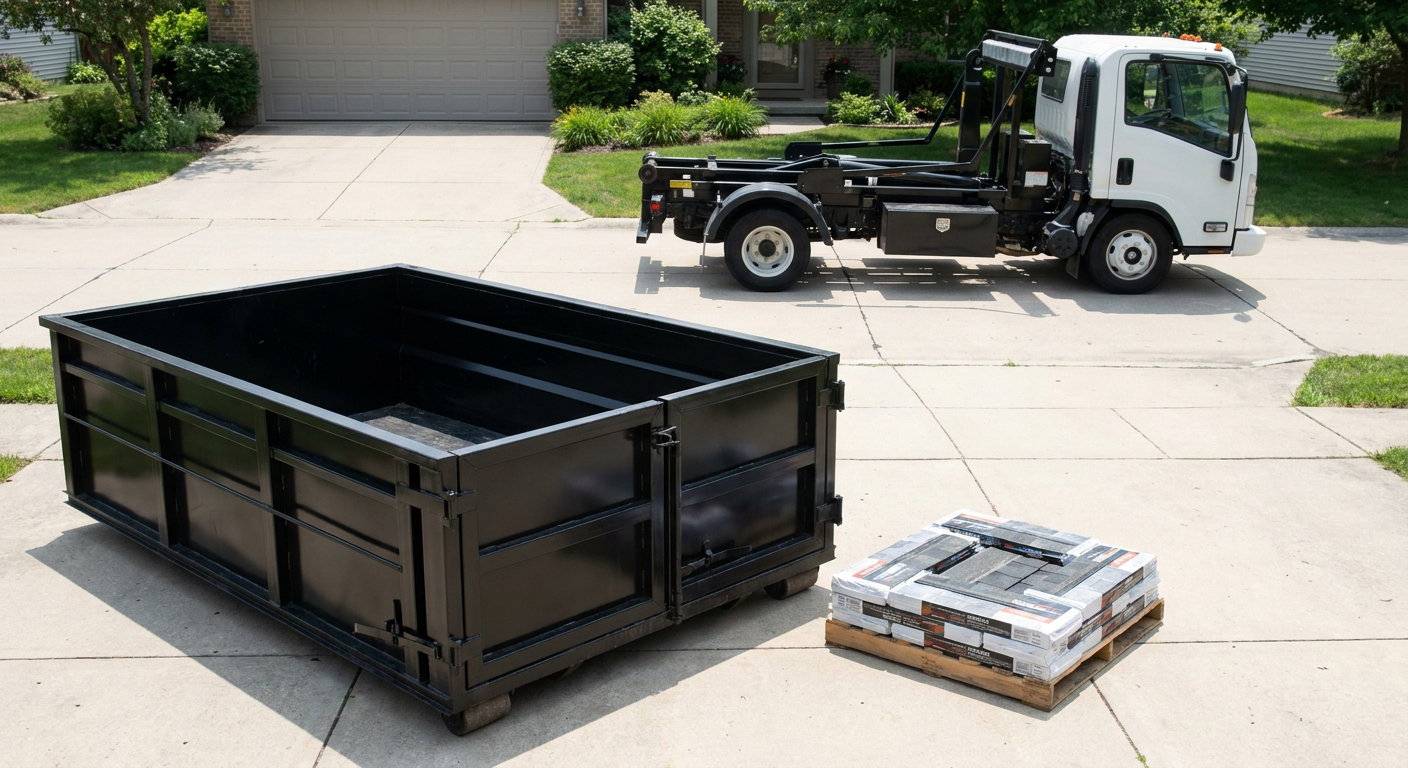 Matte-black 15-yard roofing roll-off dumpster with reinforced low side walls sitting directly on a Rowlett residential concrete driveway, three-tab asphalt shingle bundles stacked nearby, an unmarked white hauler truck partially visible at the edge of the frame.