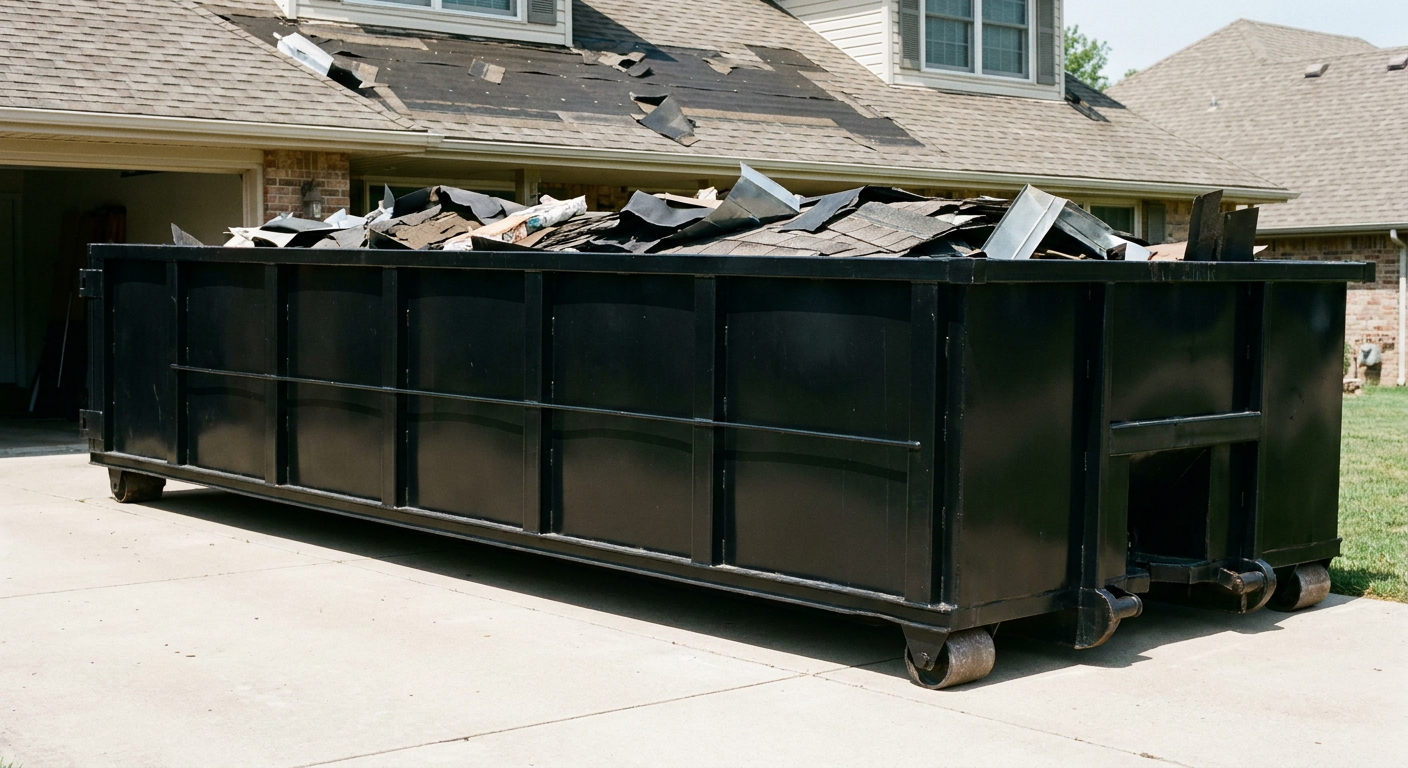 Matte-black 20-yard roofing roll-off dumpster with steel ribbed sides and swinging rear door, sitting directly on the concrete driveway of a two-story Rowlett home, asphalt shingle debris being loaded over the low wall, clean documentary lighting.