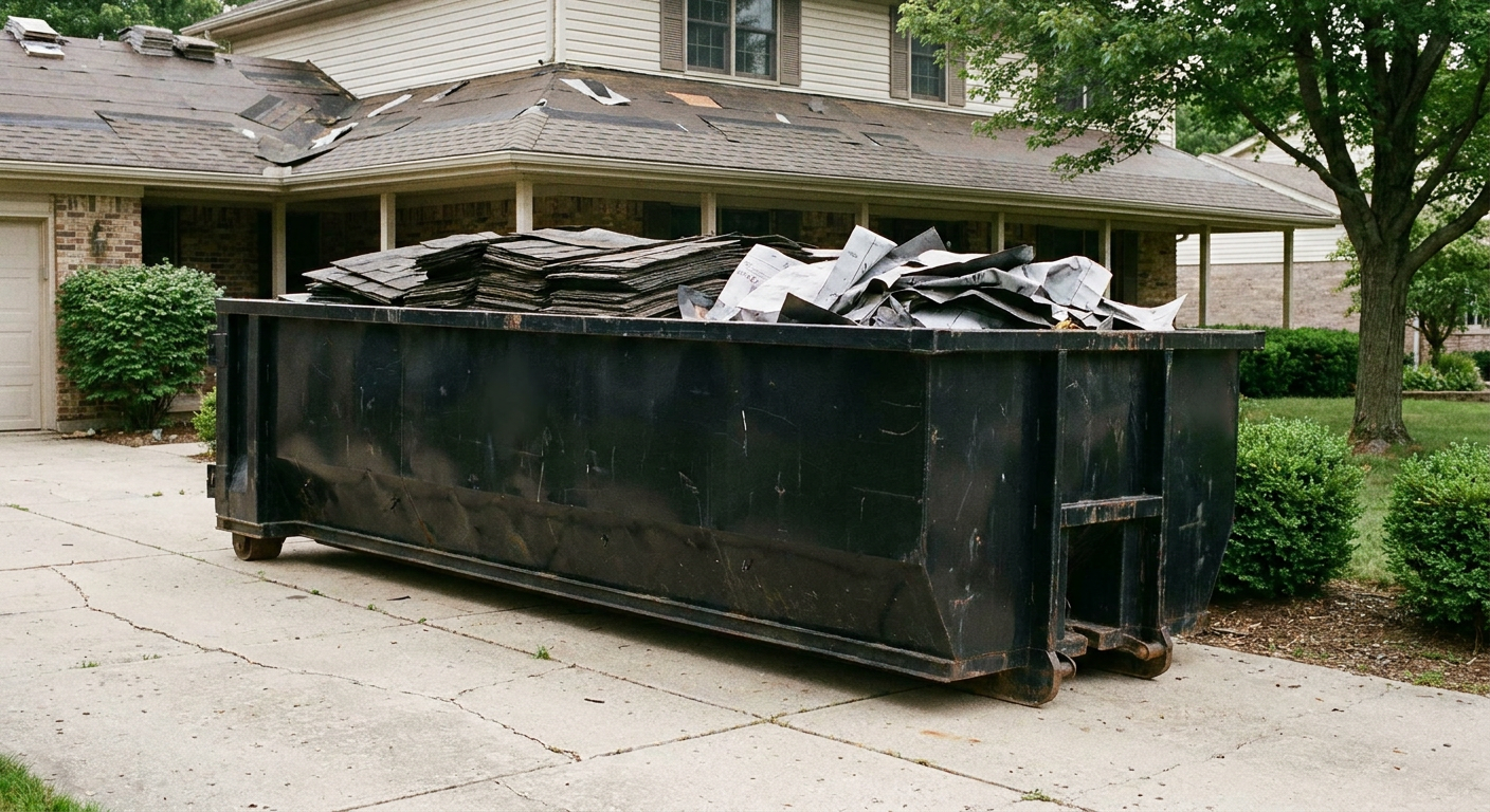 Matte-black 30-yard roofing roll-off dumpster sitting directly on a Rowlett concrete driveway, taller ribbed steel side panels, mixed tear-off debris of asphalt shingles and underlayment inside, professional documentary daylight.