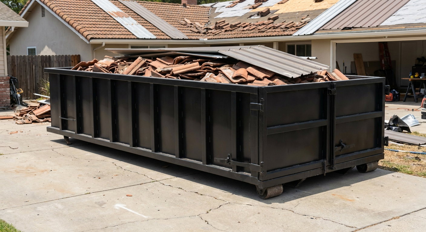 Matte-black low-wall heavy-debris roofing roll-off dumpster sitting directly on a Rowlett concrete driveway, broken concrete clay roof tiles and metal panel sections loaded inside, reinforced ribbed steel side walls visible, bright outdoor daylight.