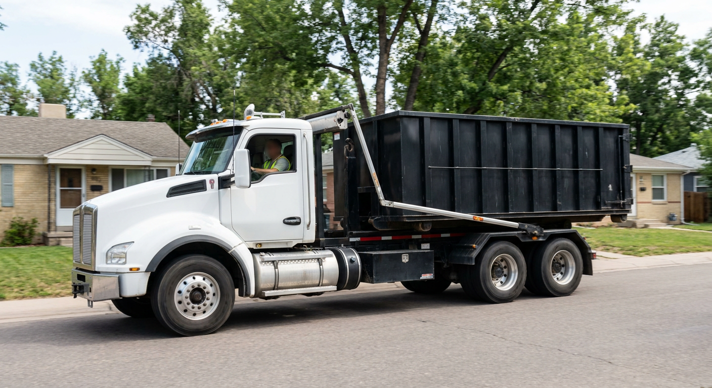 A wide documentary shot of a matte-black roll-off delivery truck pulling onto a quiet Rowlett residential street at mid-morning, with neighborhood rooftops and tree-lined blocks visible behind, showing the metro coverage footprint.