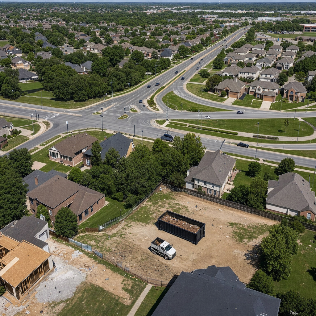 An overhead documentary view of the Rowlett metro area at midday, showing the spread of neighborhoods, arterial roads, and the dispatch radius from a central yard — clean daylight, organized geographic layout.