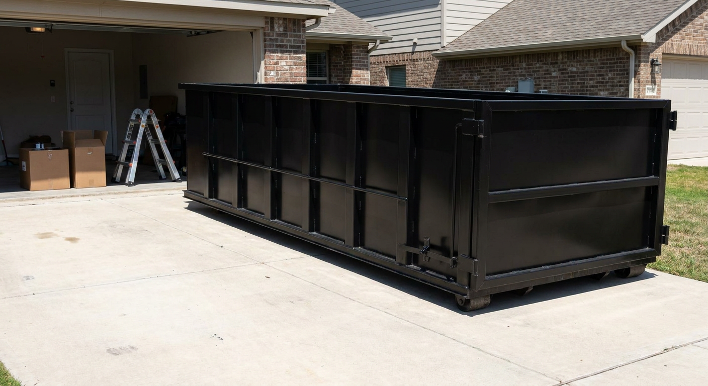 A matte-black 10-yard roll-off dumpster sitting directly on a residential Rowlett concrete driveway, mid-day sunlight, clean and ready for a garage cleanout.