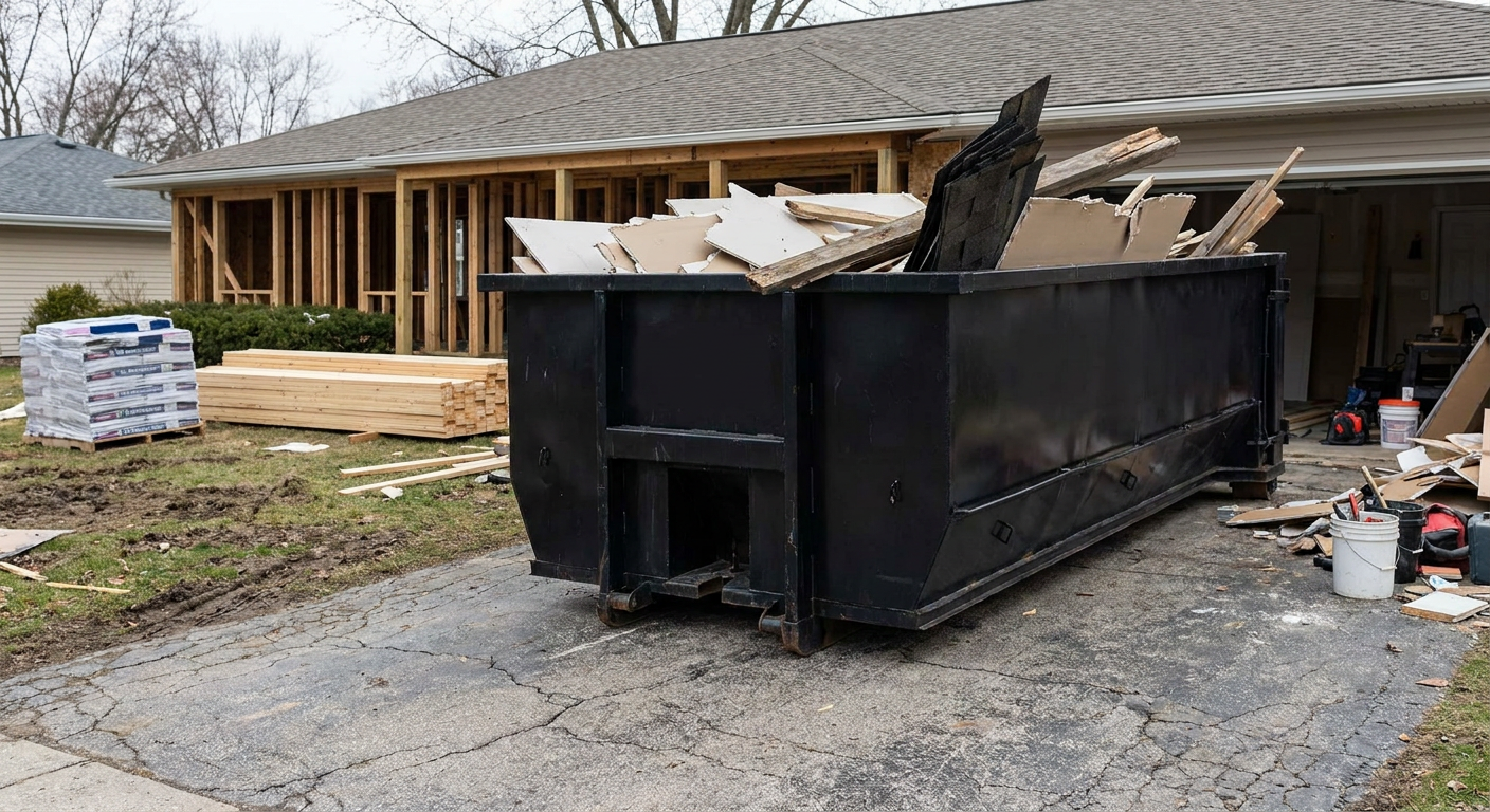 A matte-black 20-yard roll-off dumpster placed alongside a mid-renovation Rowlett home directly on the asphalt driveway, with framing materials and torn-off shingles staged neatly nearby.