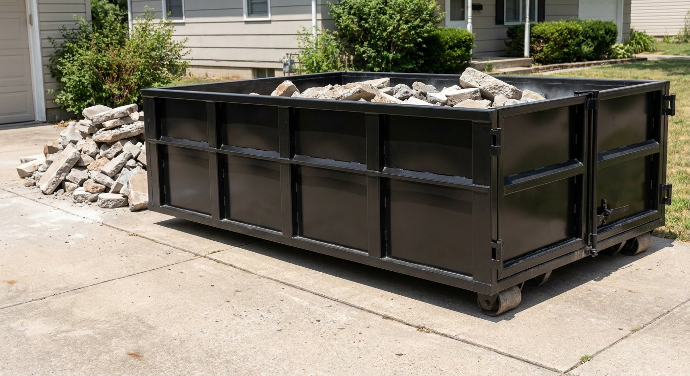 A matte-black low-side heavy-debris roll-off dumpster placed directly on a Rowlett concrete driveway, with broken concrete chunks neatly stacked beside it under clean daylight.